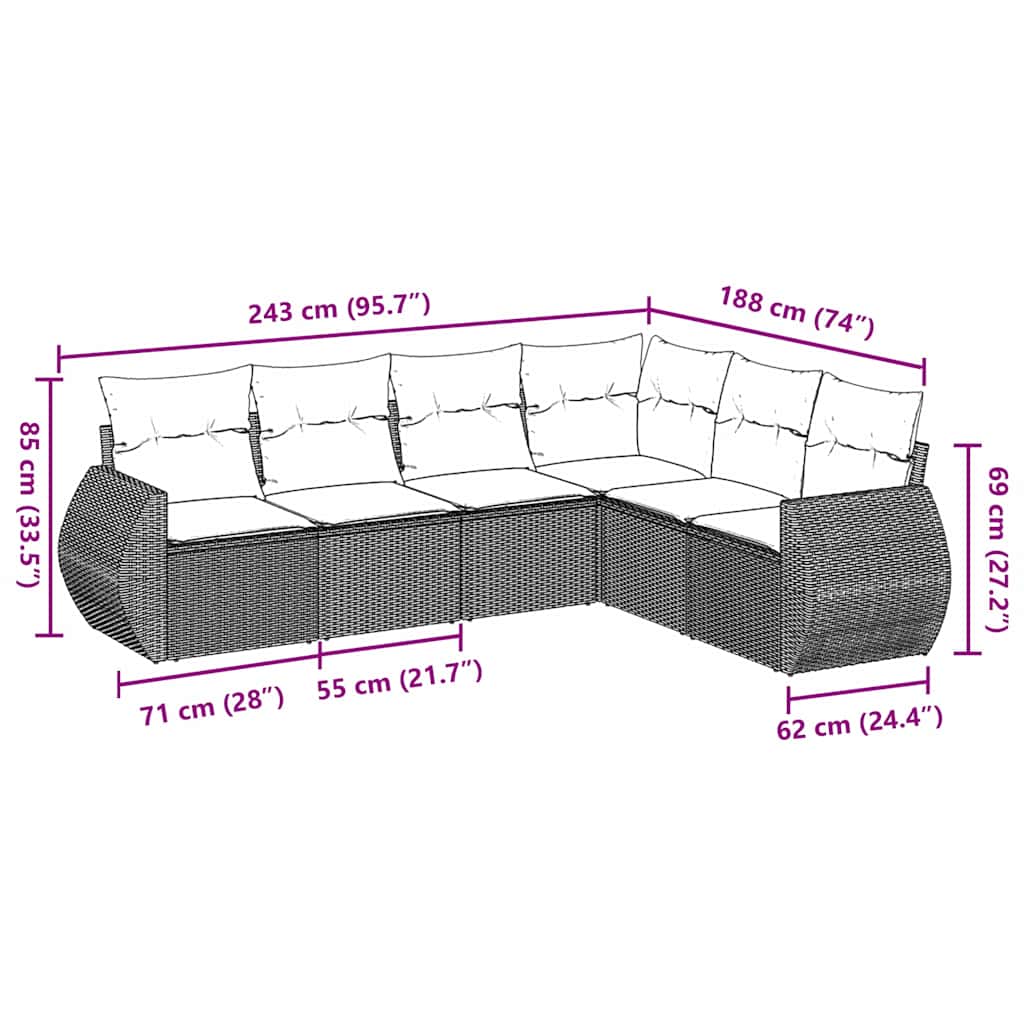 6 részes világosszürke polyrattan kerti ülőgarnitúra párnákkal