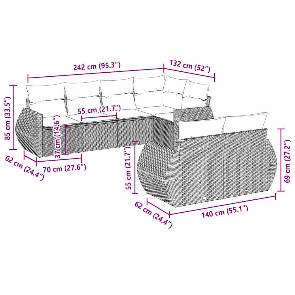 7 részes világosszürke polyrattan kerti ülőgarnitúra párnákkal