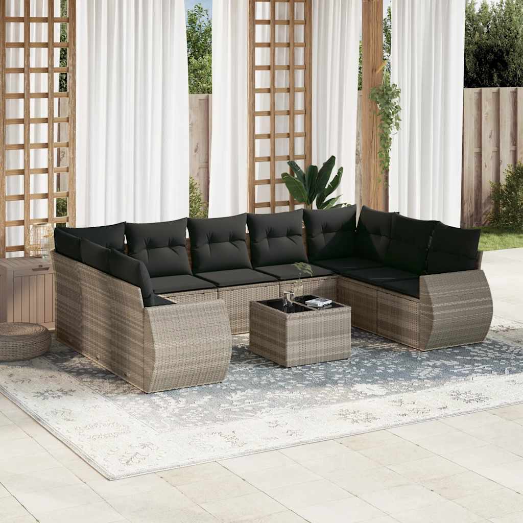 10 részes világosszürke polyrattan kerti ülőgarnitúra párnákkal