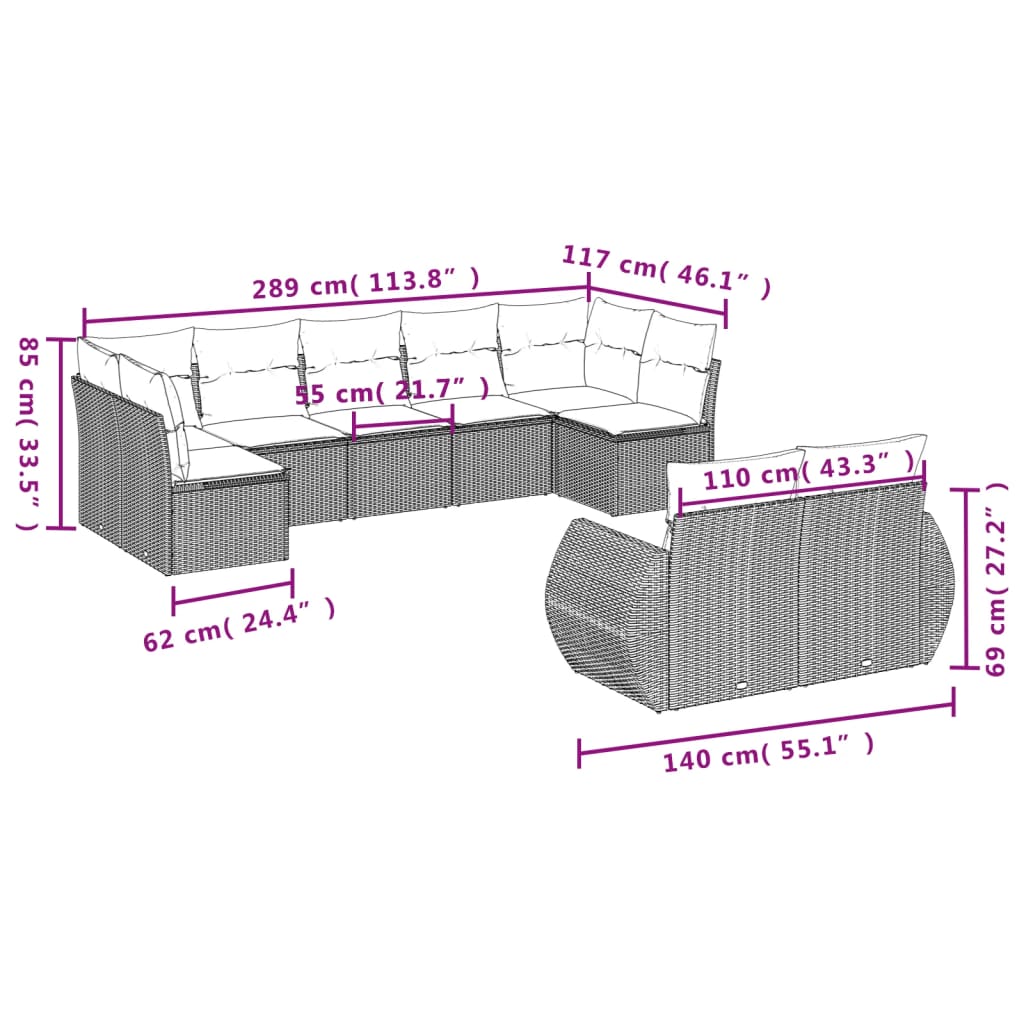 9 részes világosszürke polyrattan kerti ülőgarnitúra párnával