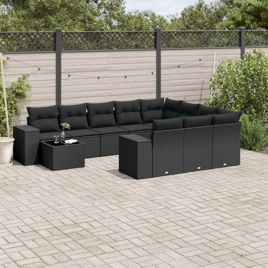 11 részes fekete polyrattan kerti ülőgarnitúra párnákkal