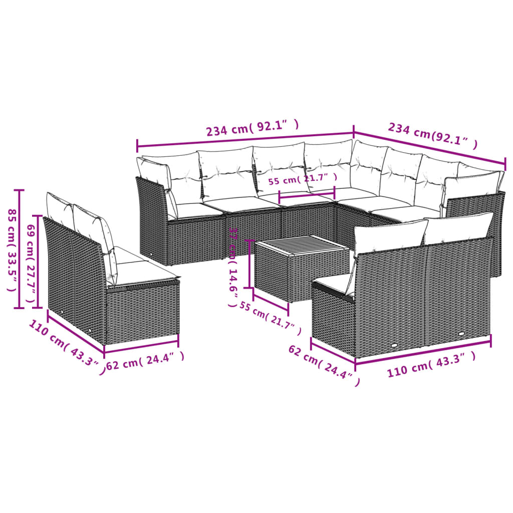 12 részes szürke polyrattan kerti ülőgarnitúra párnákkal