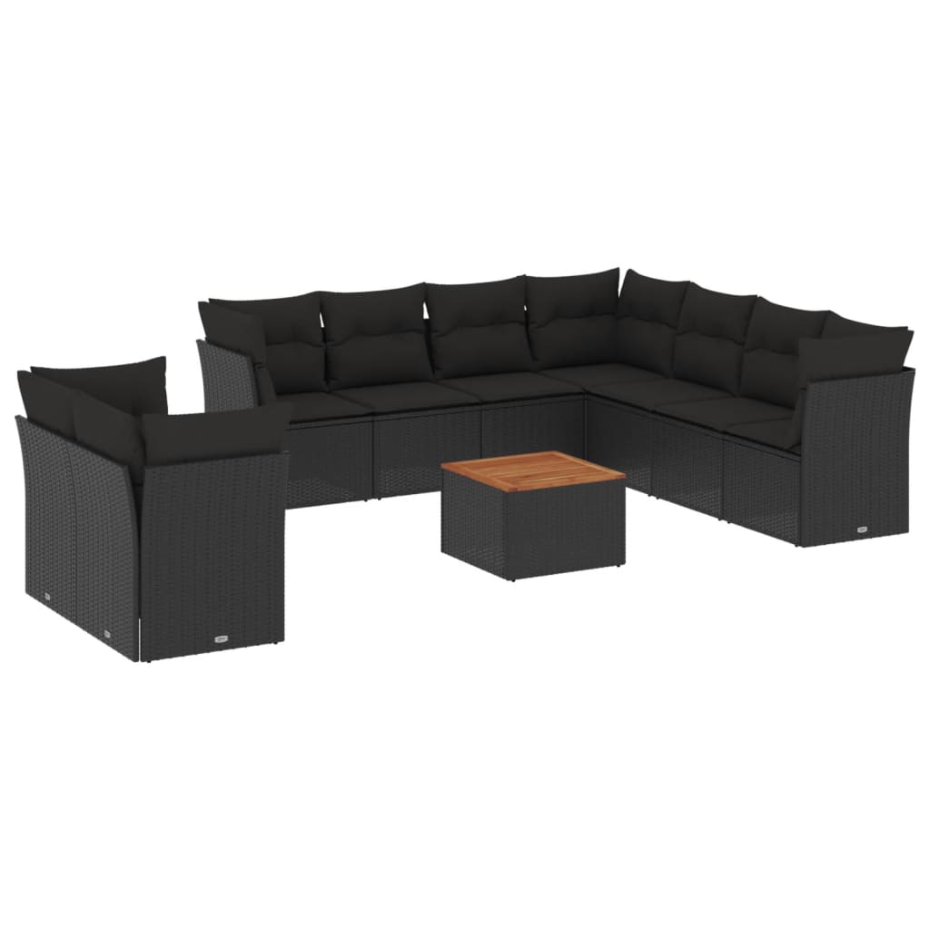 10 részes fekete polyrattan kerti ülőgarnitúra párnákkal