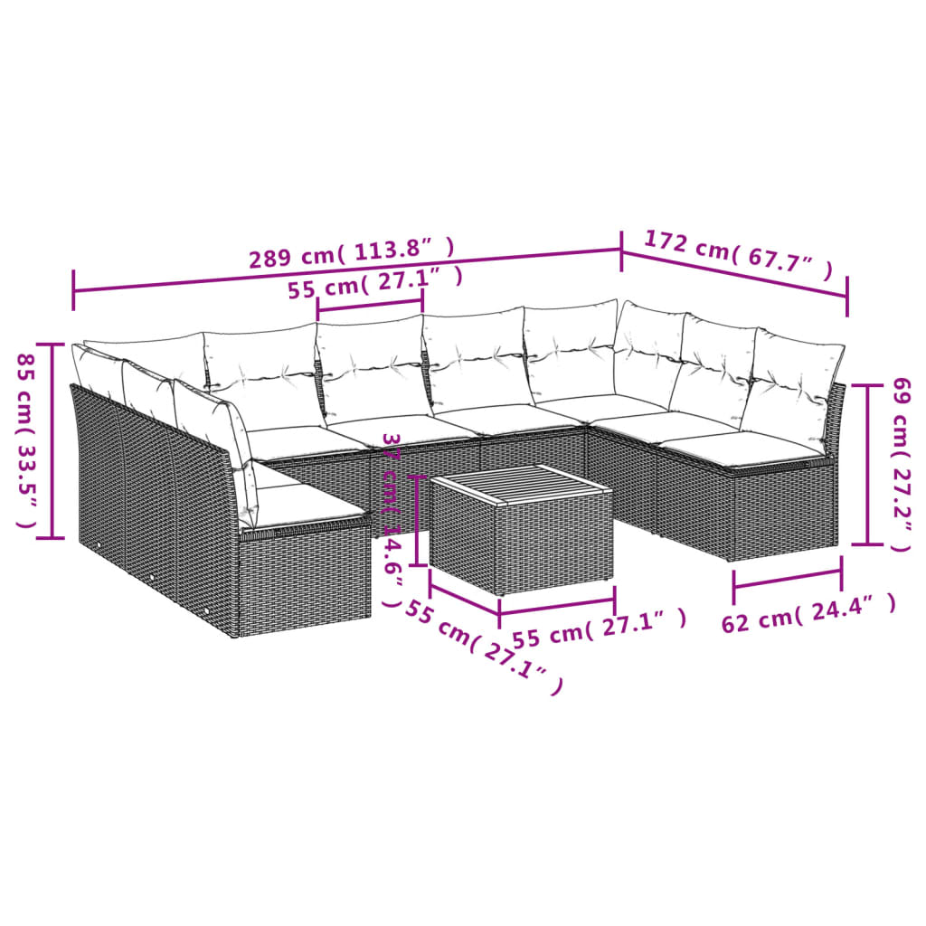 10 részes szürke polyrattan kerti ülőgarnitúra párnákkal
