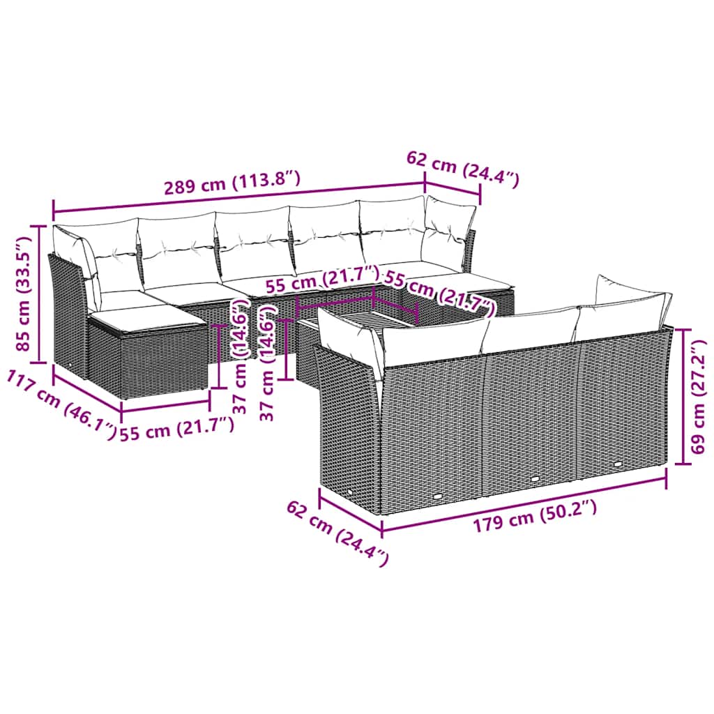 11 részes fekete polyrattan kerti ülőgarnitúra párnákkal