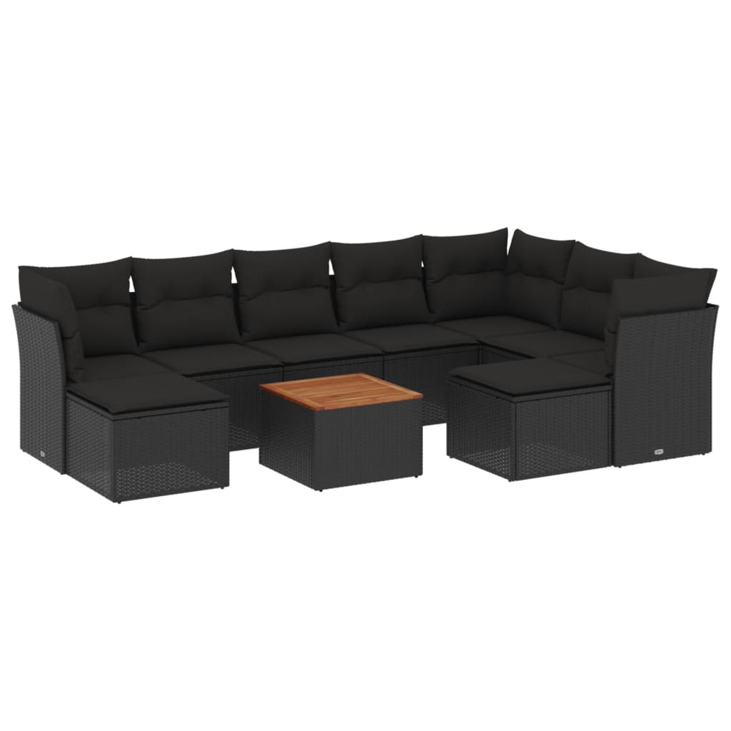 10 részes fekete polyrattan kerti ülőgarnitúra párnákkal