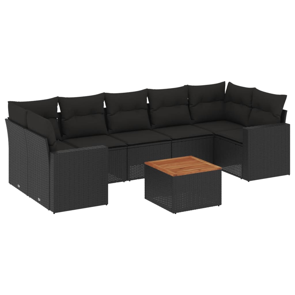 8 részes fekete polyrattan kerti ülőgarnitúra párnákkal