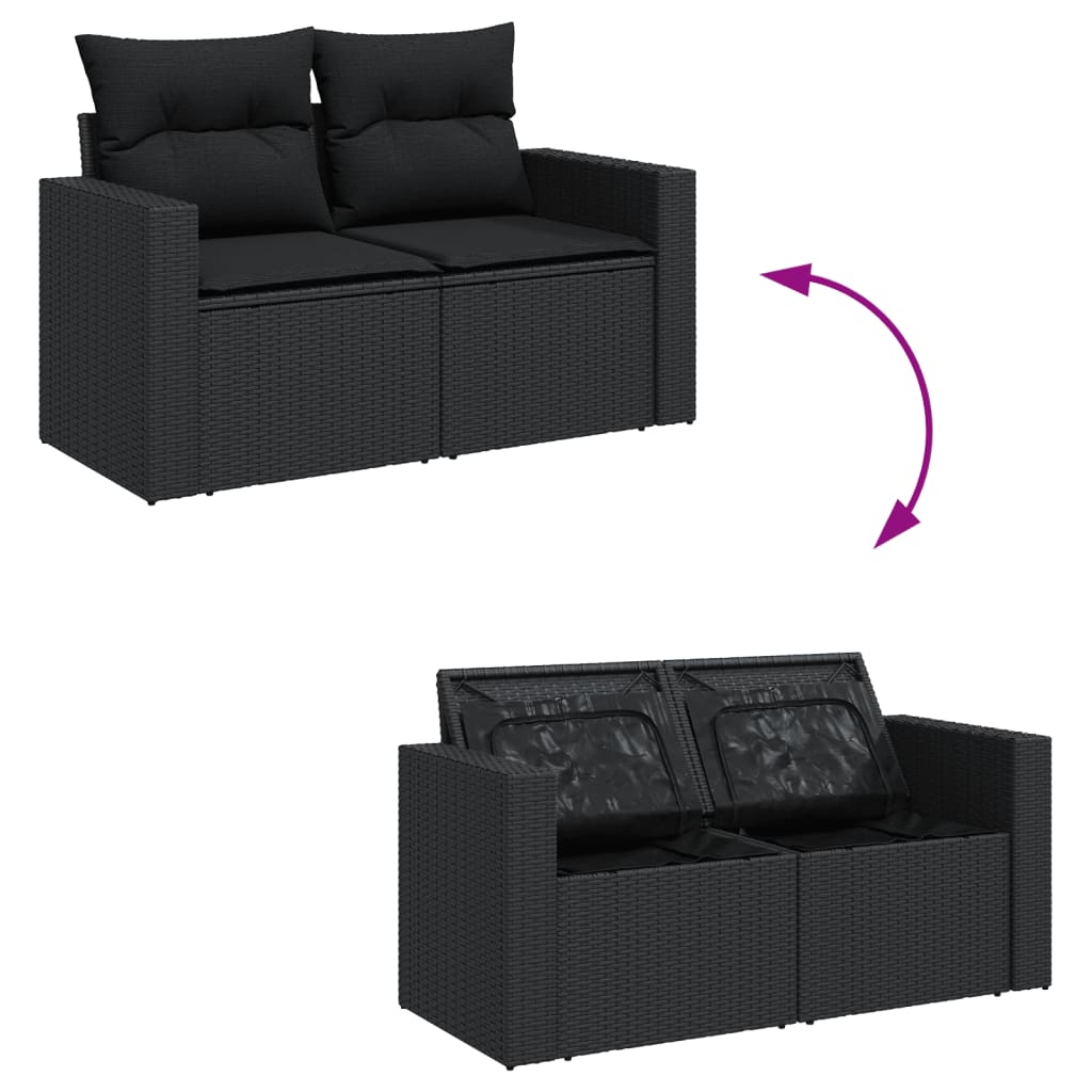5 részes fekete polyrattan kerti kanapészett párnákkal