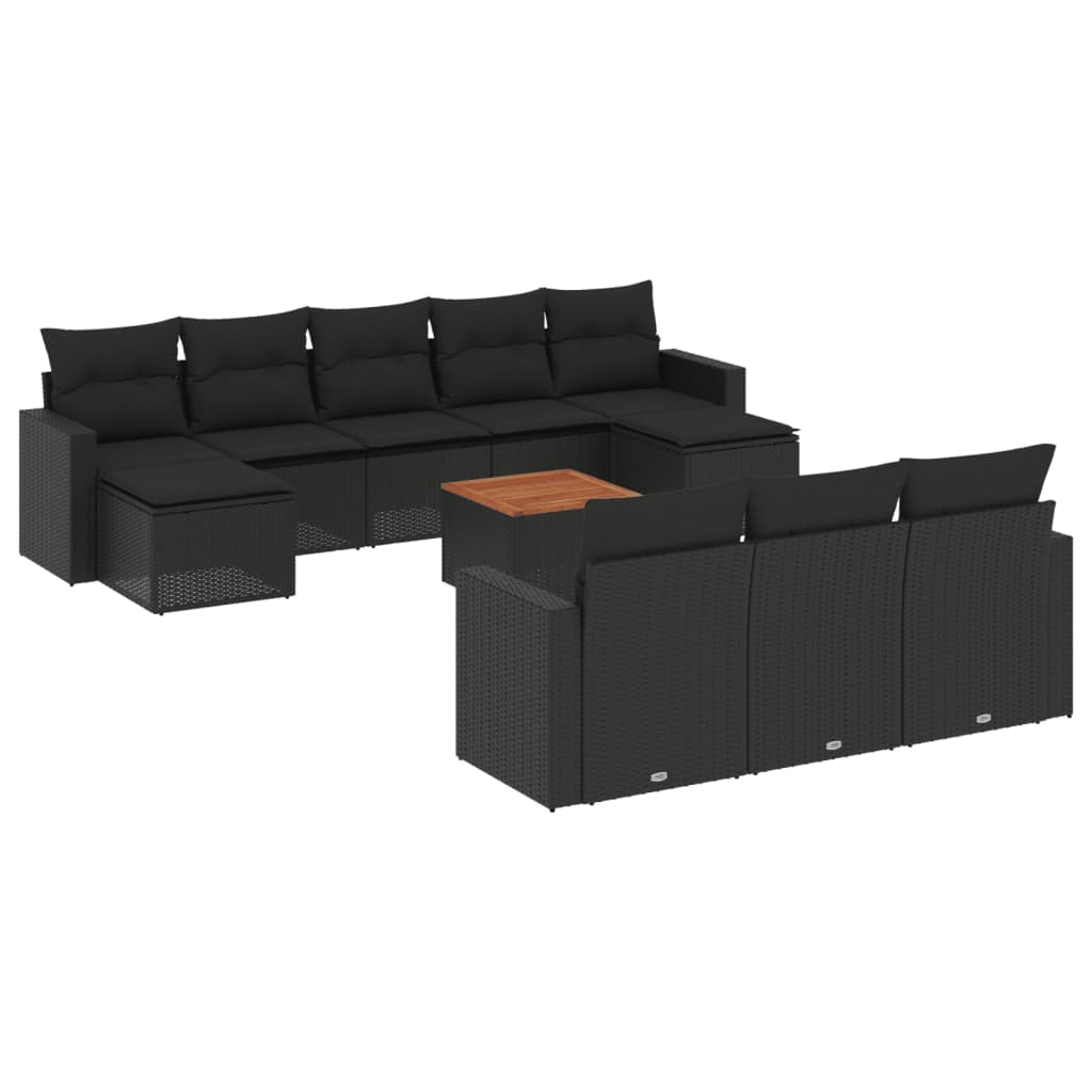 11 részes fekete polyrattan kerti ülőgarnitúra párnákkal