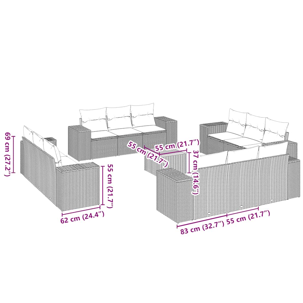 13 részes fekete polyrattan kerti ülőgarnitúra párnákkal