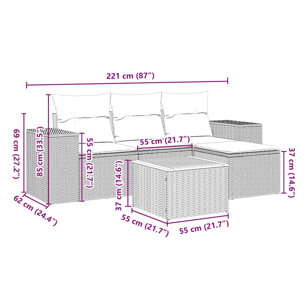 5 részes fekete polyrattan kerti kanapészett párnákkal