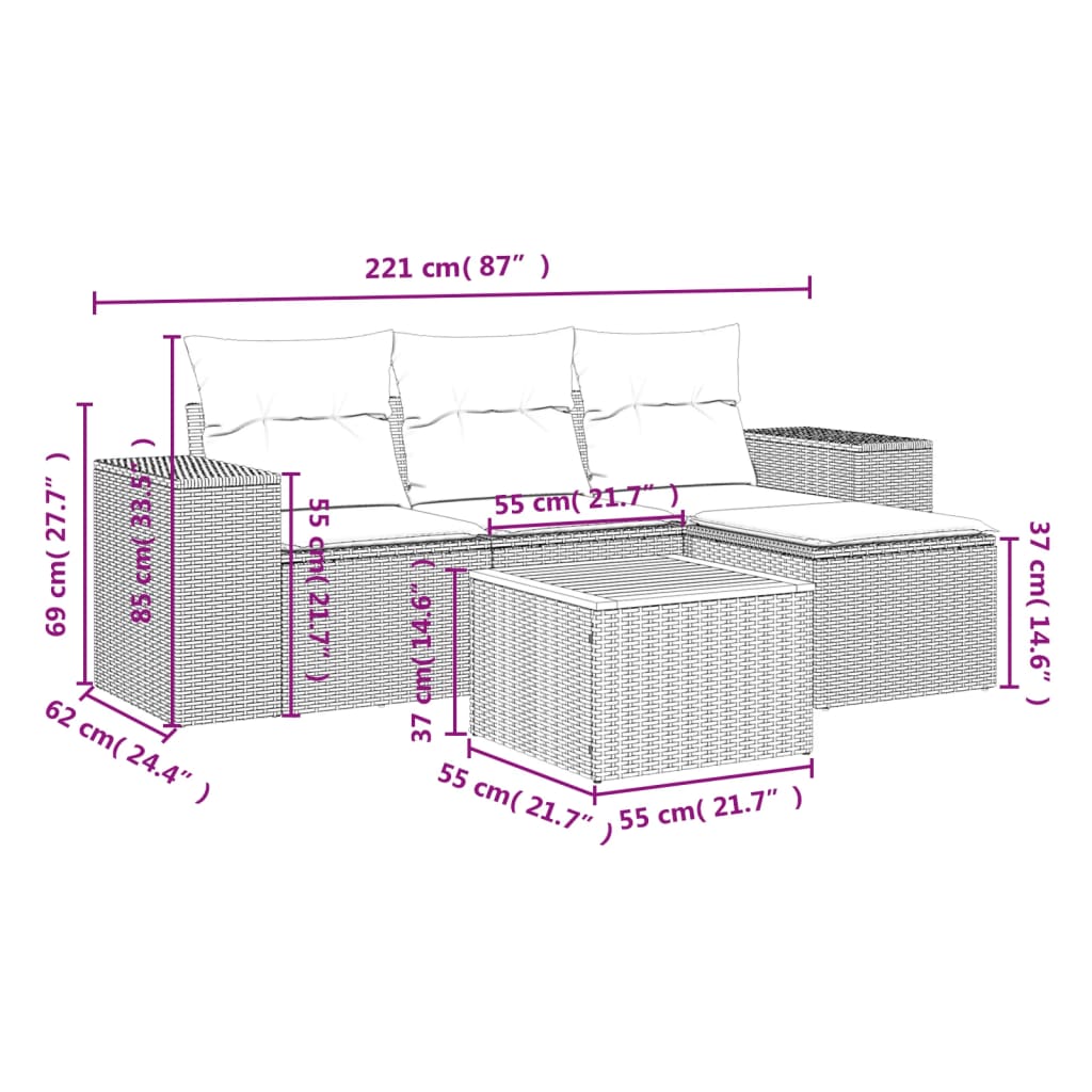 5 részes szürke polyrattan kerti ülőgarnitúra párnákkal