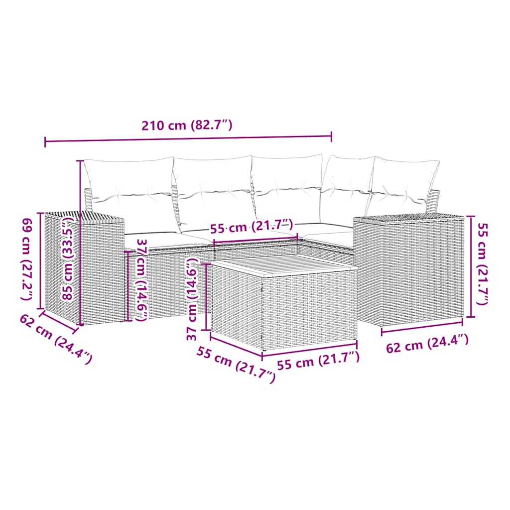 5 részes fekete polyrattan kerti kanapészett párnákkal