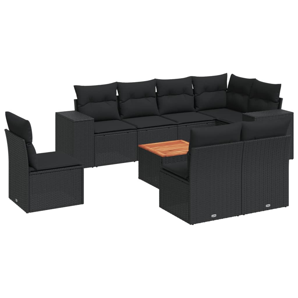 9 részes fekete polyrattan kerti ülőgarnitúra párnákkal
