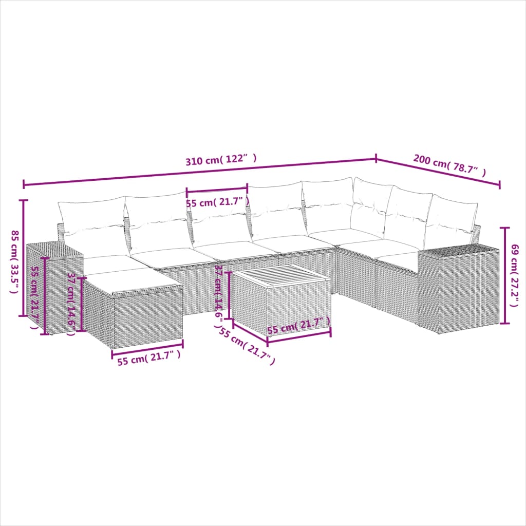 9 részes szürke polyrattan kerti ülőgarnitúra párnákkal