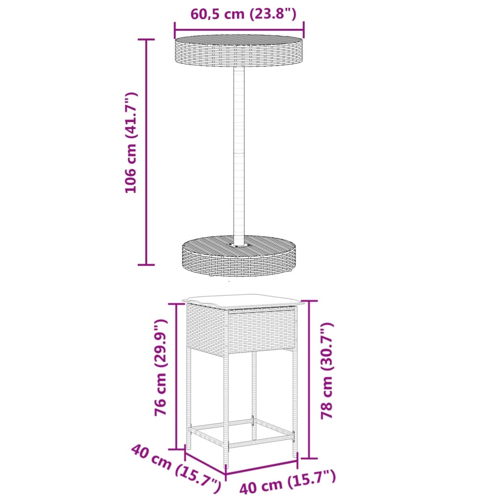 3 részes barna polyrattan kerti bárszett párnákkal