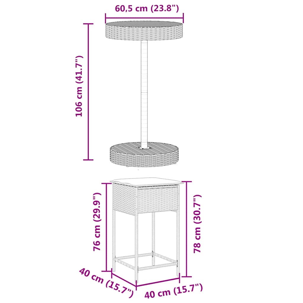 3 részes fekete polyrattan kerti bárszett párnával