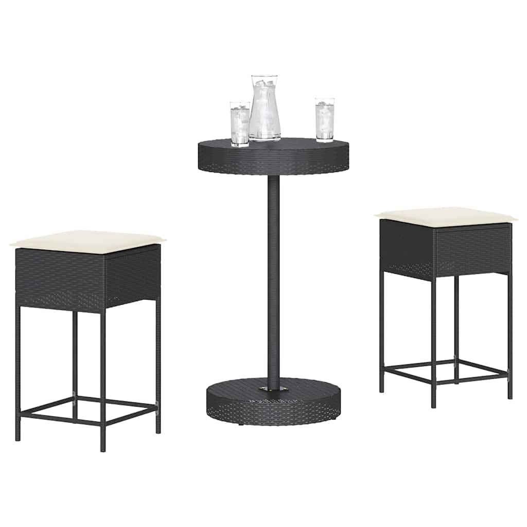 3 részes fekete polyrattan kerti bárszett párnával