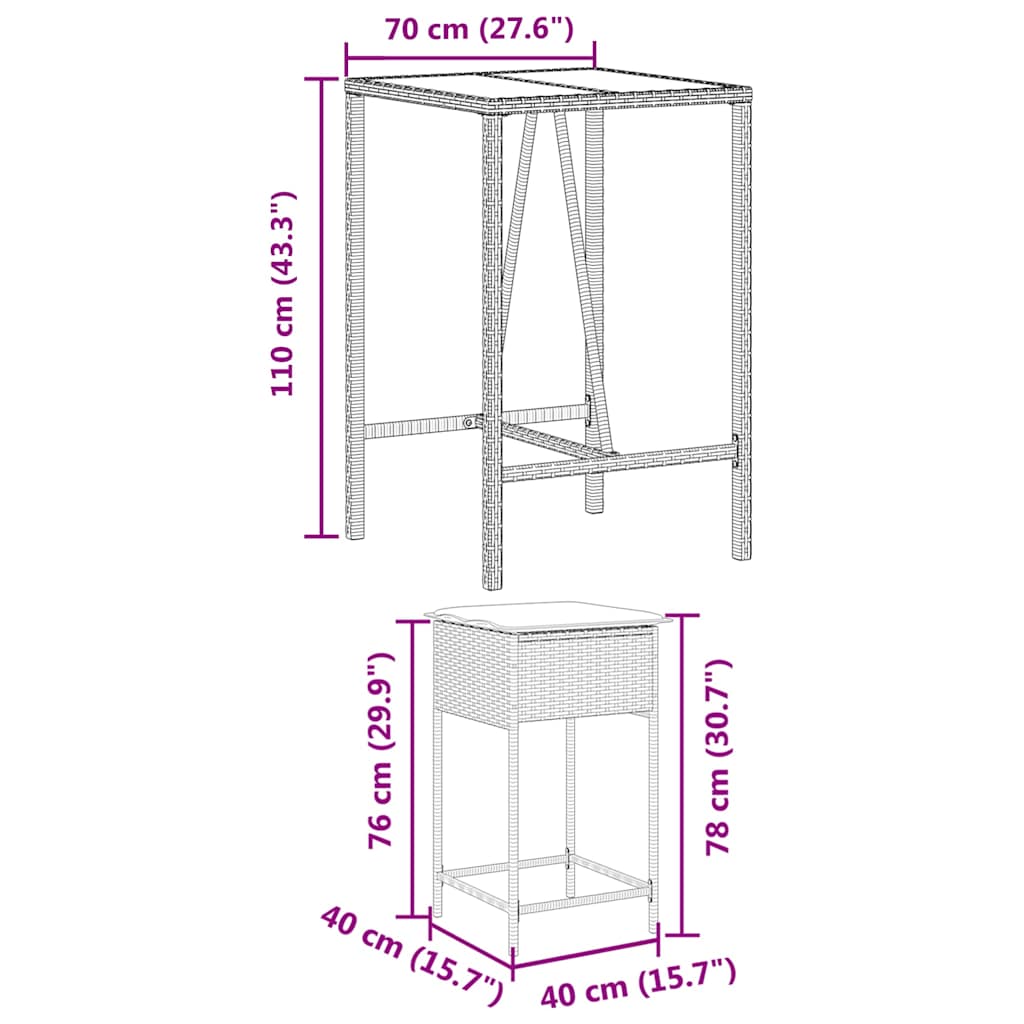 5 részes fekete polyrattan kerti bárszett párnával
