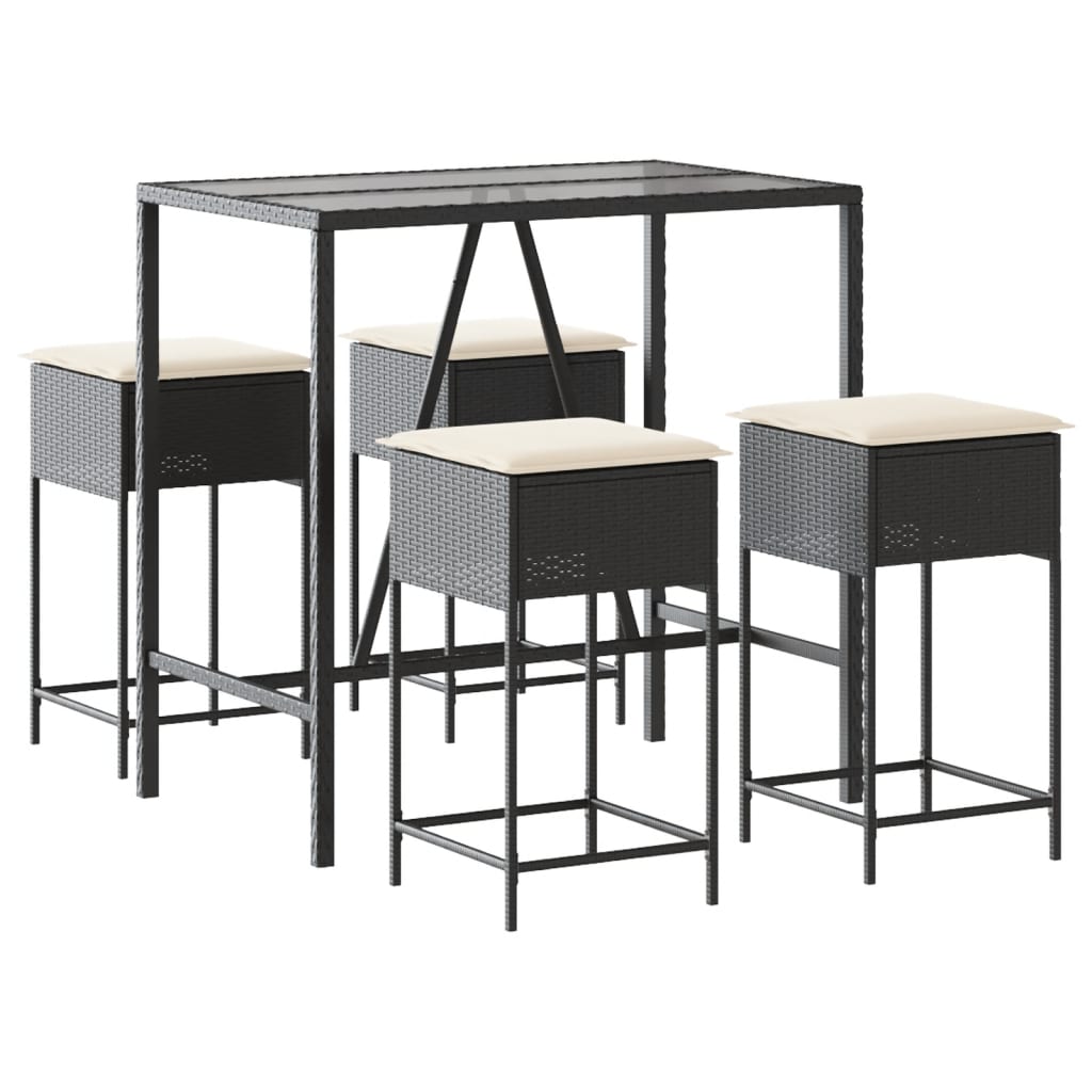 5 részes fekete polyrattan kerti bárszett párnával