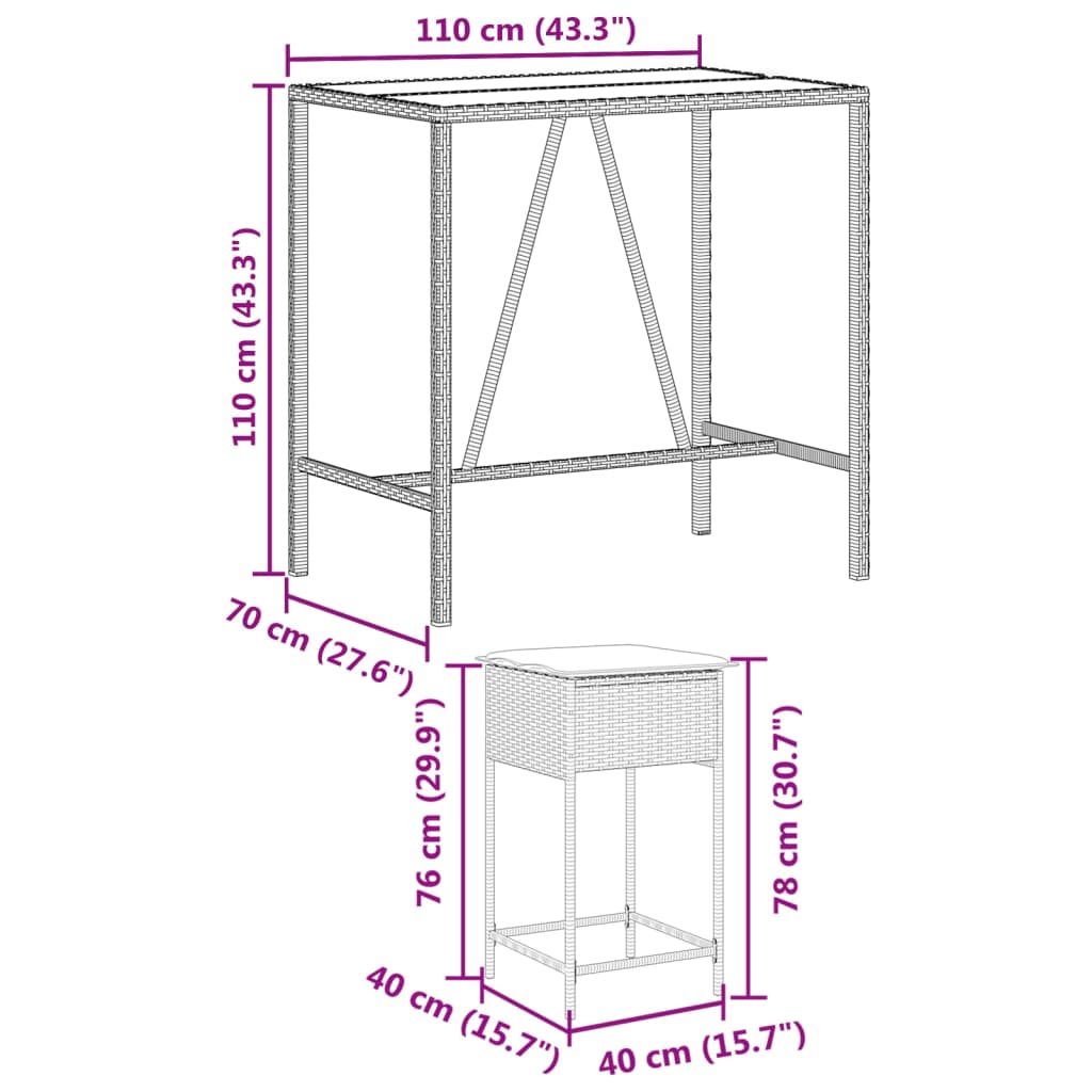 5 részes fekete polyrattan kerti bárszett párnával