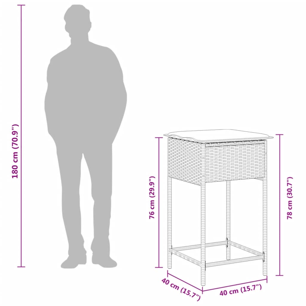 5 részes fekete polyrattan kerti bárszett párnával