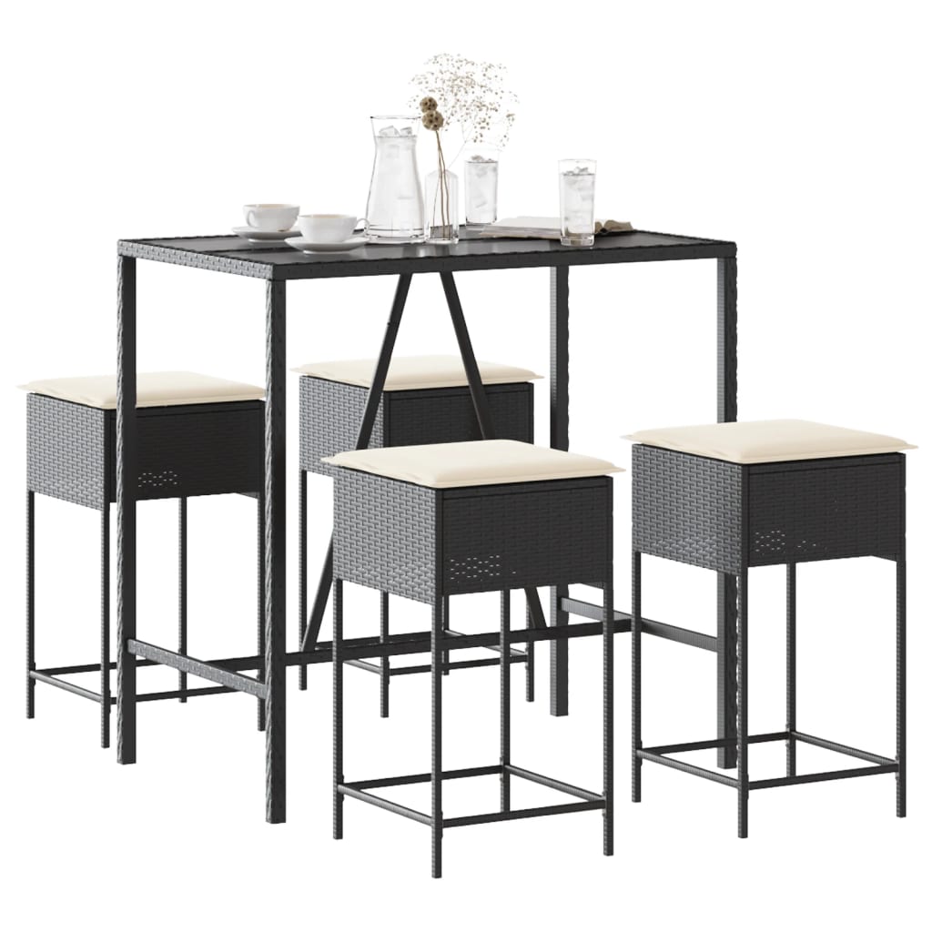 5 részes fekete polyrattan kerti bárszett párnával