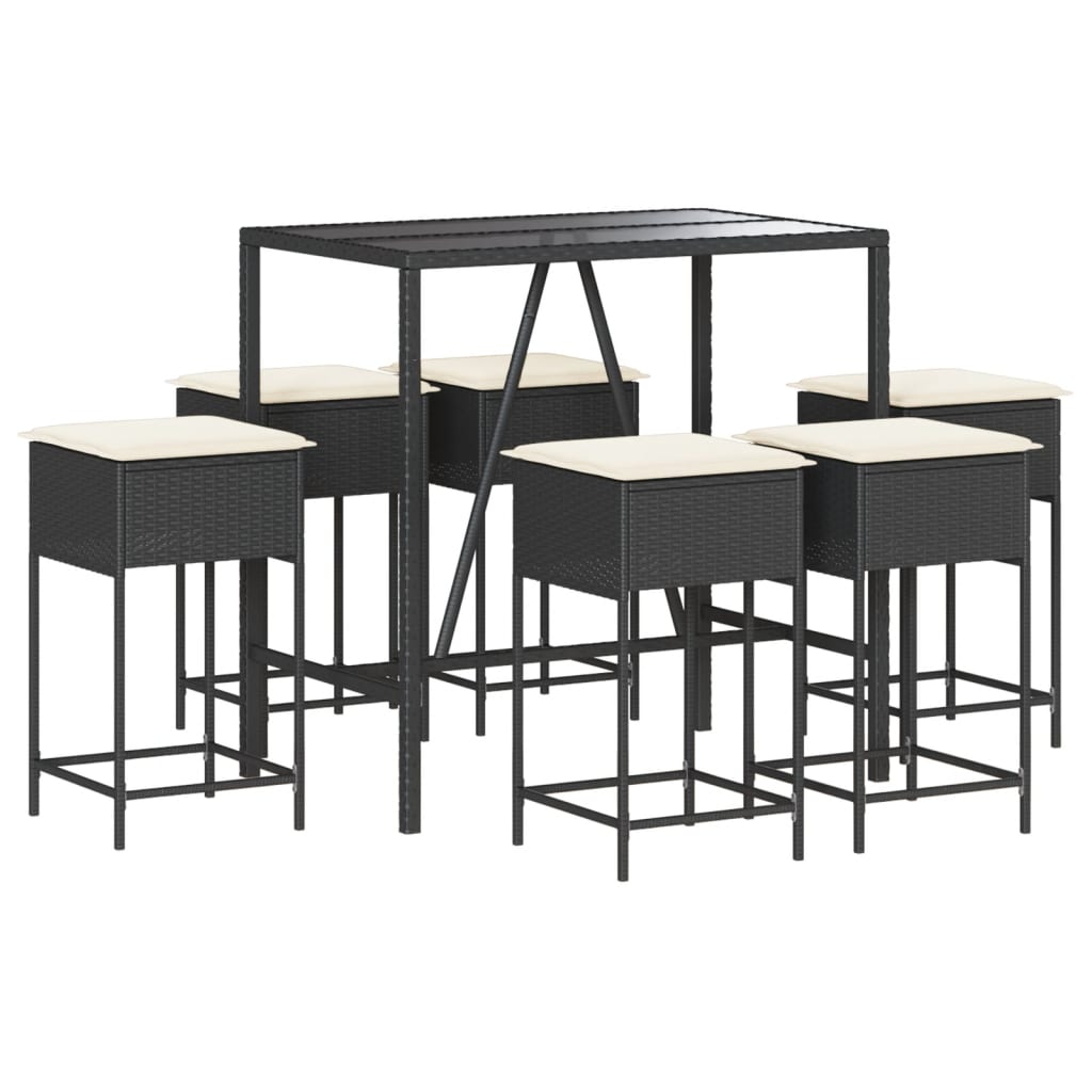 7 részes fekete polyrattan kerti bárszett párnákkal