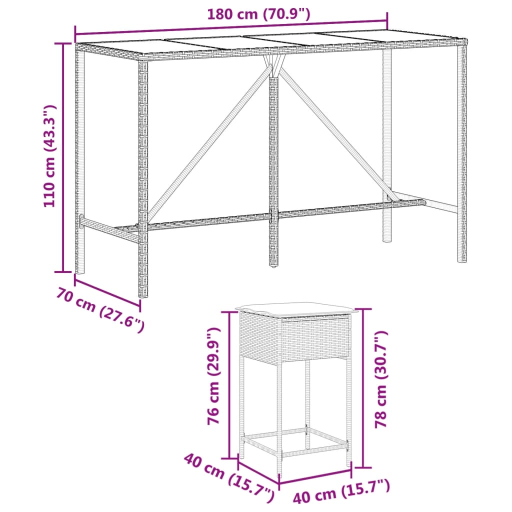 9 részes szürke polyrattan kerti bárszett párnával