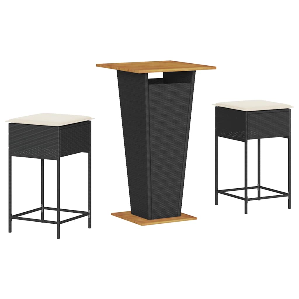 3 részes fekete polyrattan kerti bárszett párnával