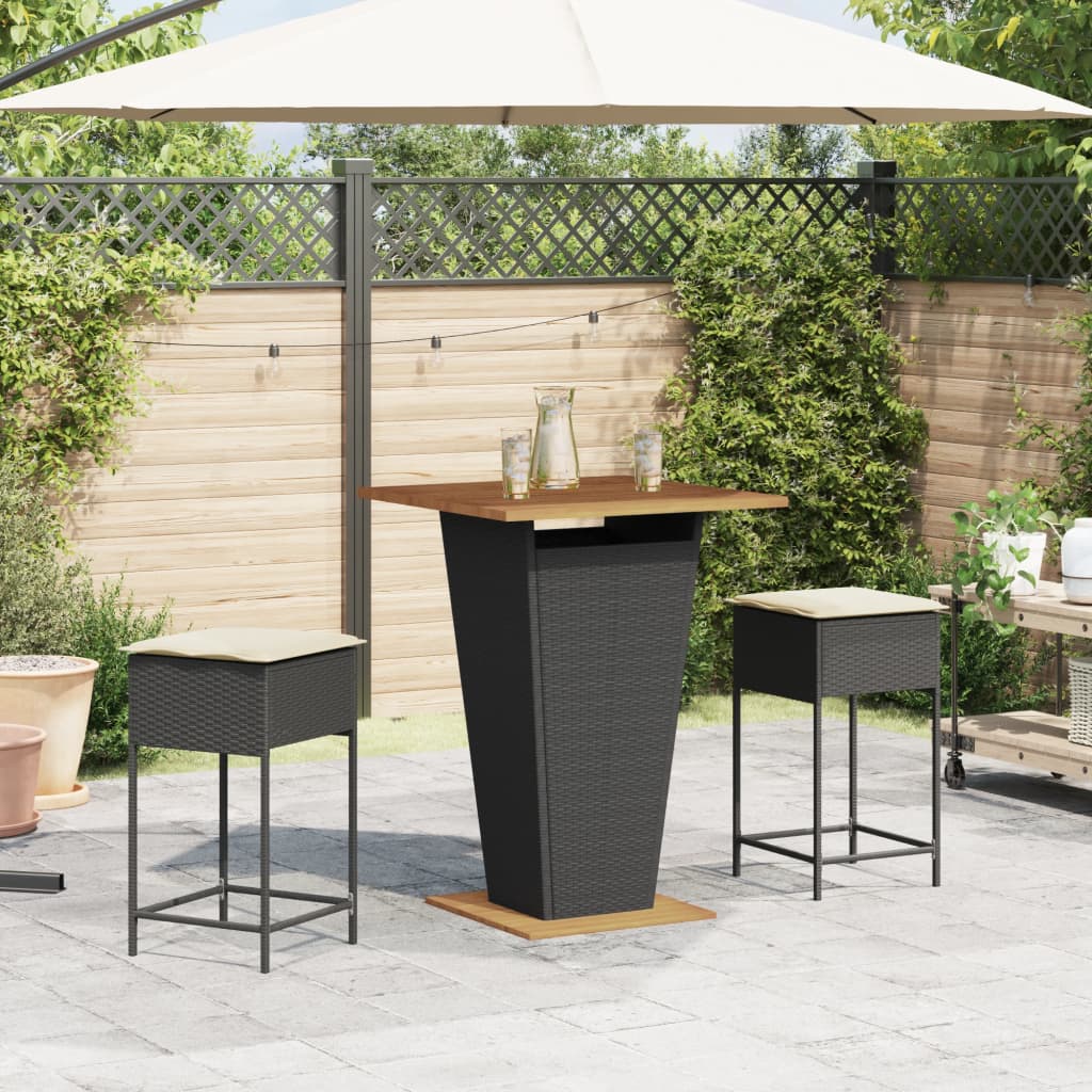3 részes fekete polyrattan kerti bárszett párnával