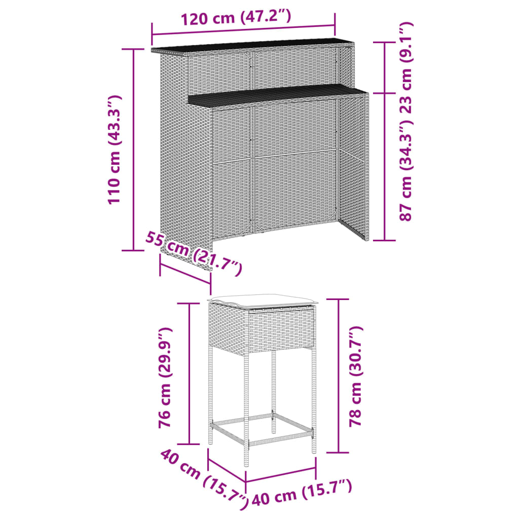 5 részes barna polyrattan kerti bárszett párnákkal