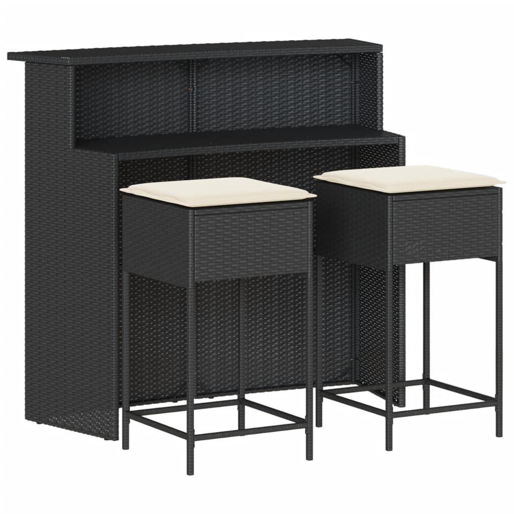 3 részes fekete polyrattan kerti bárszett párnával