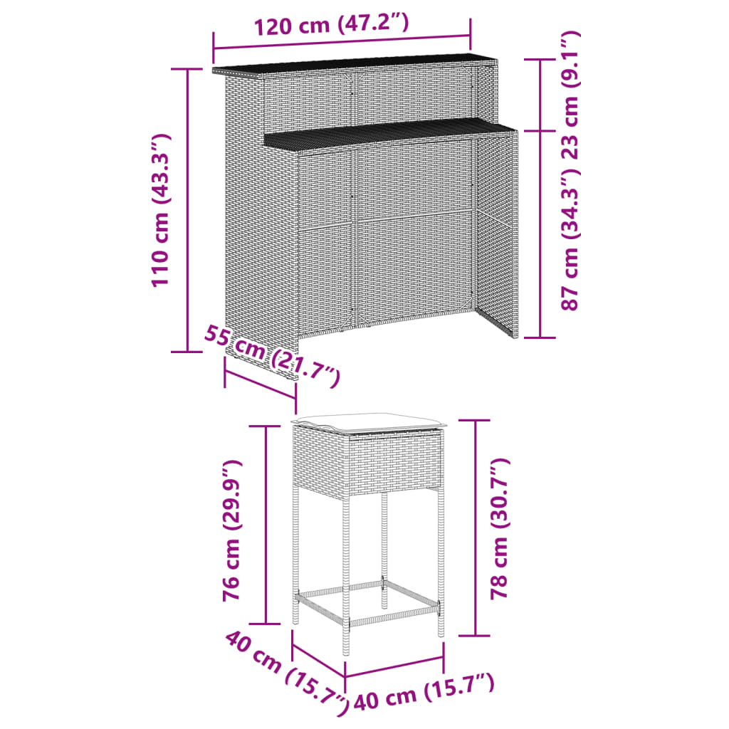 3 részes fekete polyrattan kerti bárszett párnával