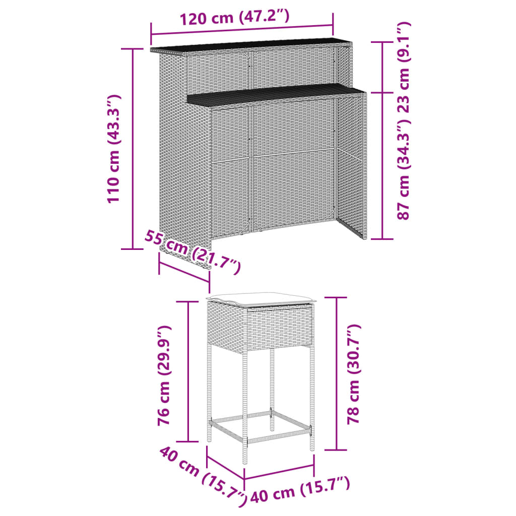 5 részes szürke polyrattan kerti bárszett párnákkal