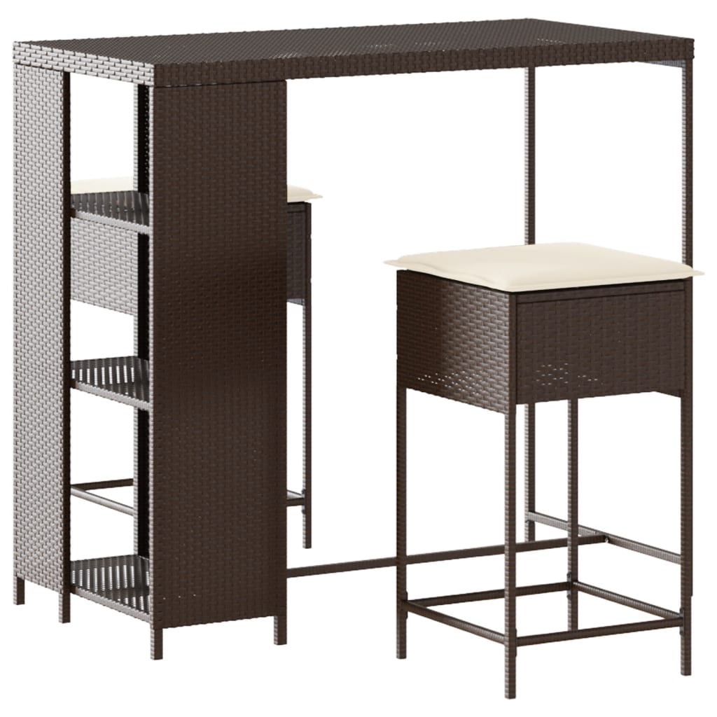 3 részes barna polyrattan kerti bárszett párnákkal