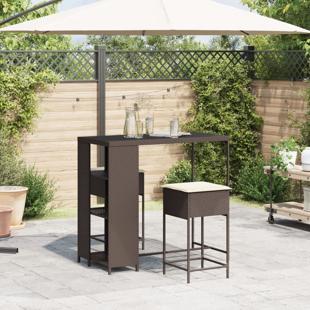 3 részes barna polyrattan kerti bárszett párnákkal