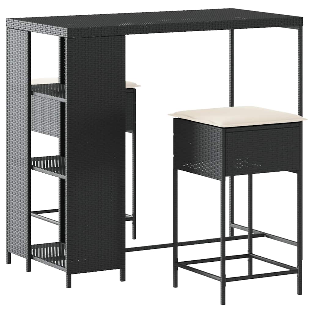 3 részes fekete polyrattan kerti bárszett párnával
