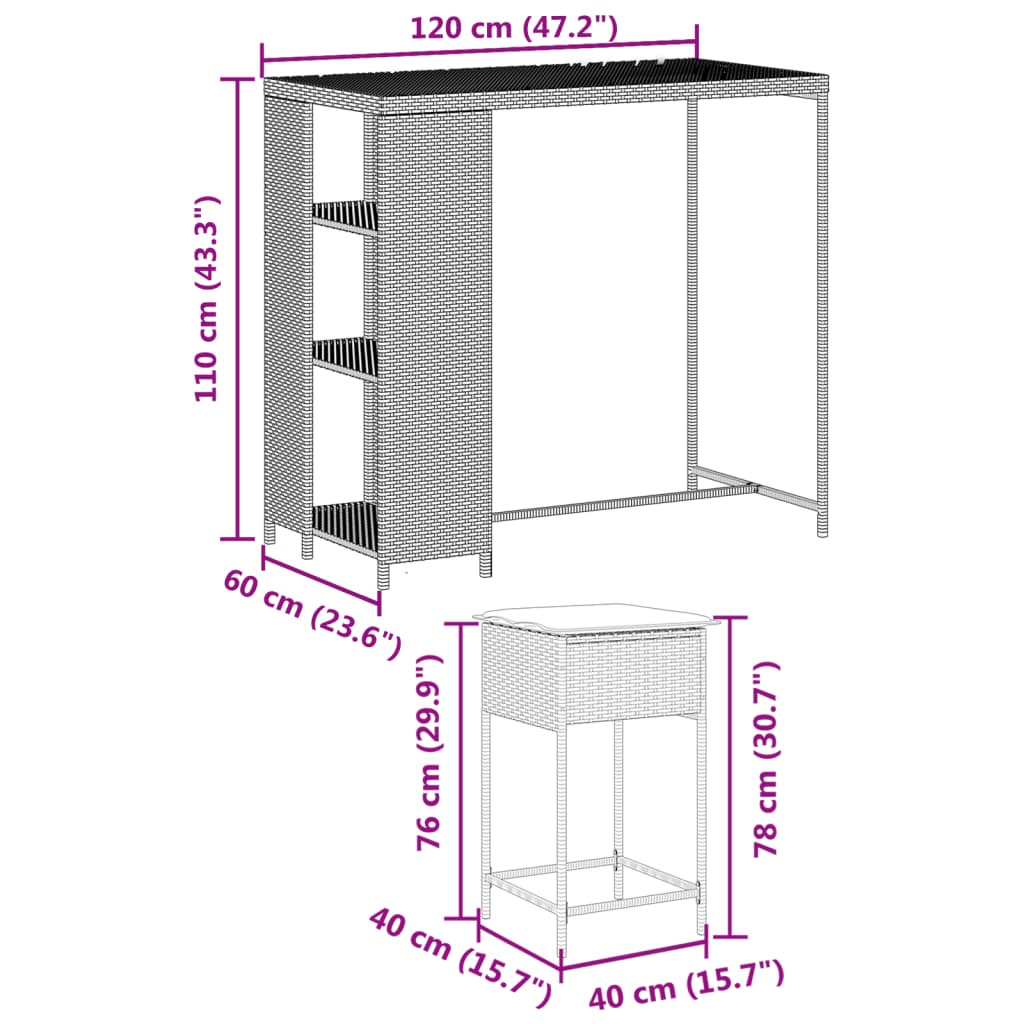 3 részes fekete polyrattan kerti bárszett párnával