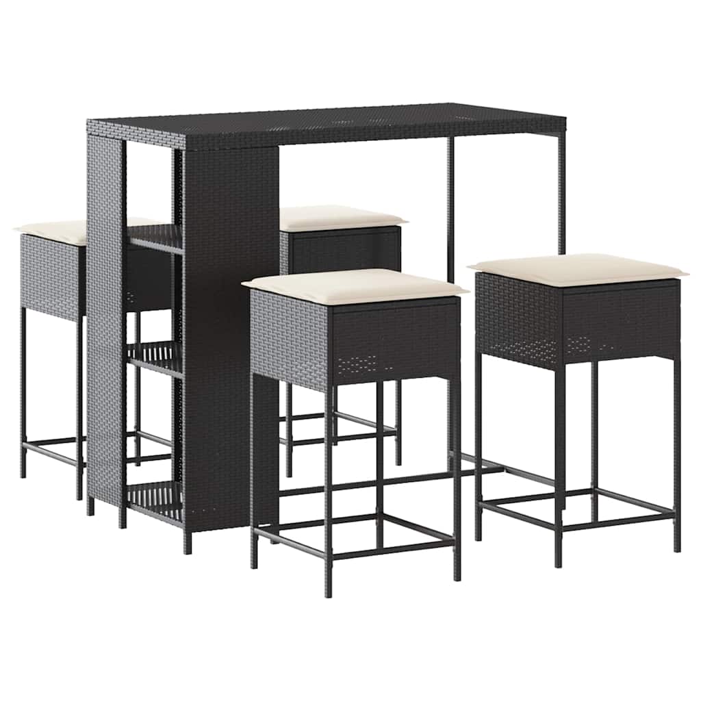 5 részes fekete polyrattan kerti bárszett párnával
