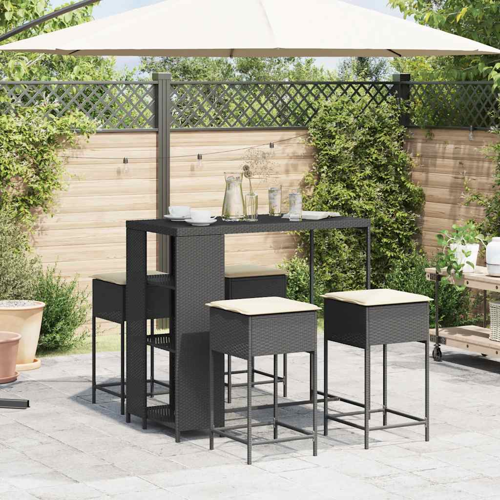 5 részes fekete polyrattan kerti bárszett párnával