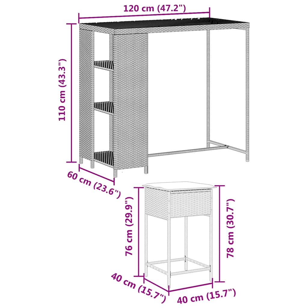 5 részes fekete polyrattan kerti bárszett párnával