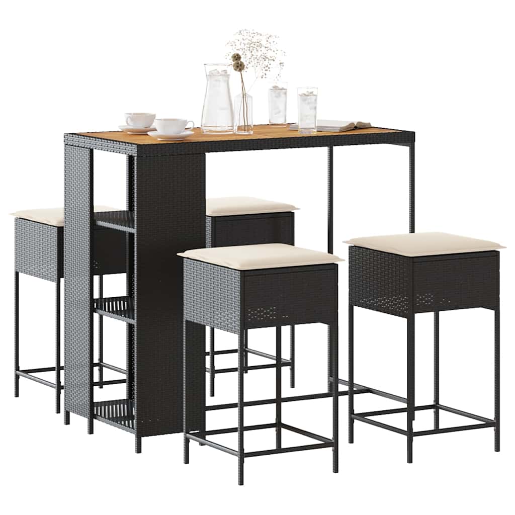 5 részes fekete polyrattan kerti bárszett párnával