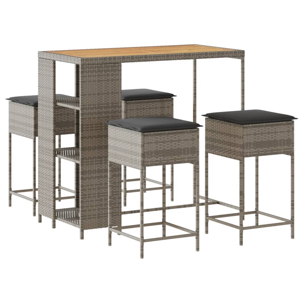 5 részes szürke polyrattan kerti bárszett párnákkal