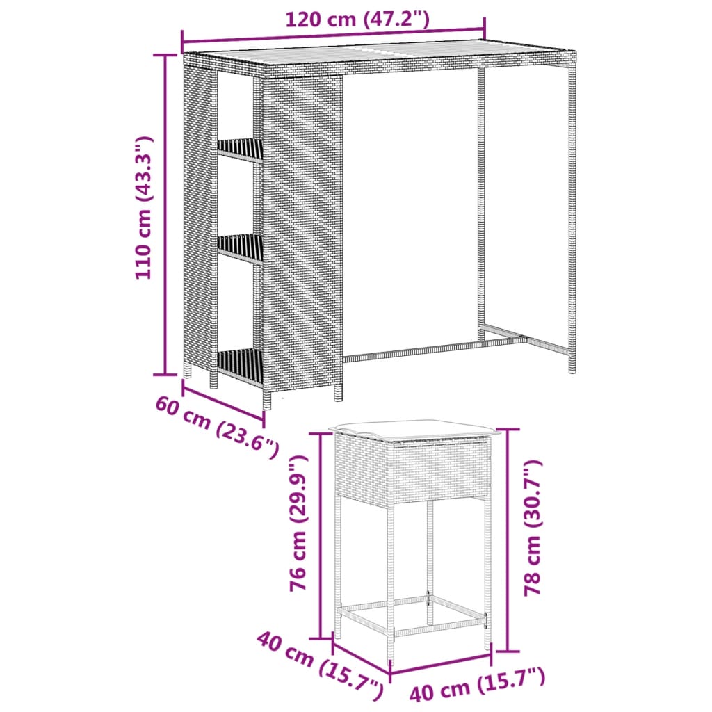 5 részes szürke polyrattan kerti bárszett párnákkal