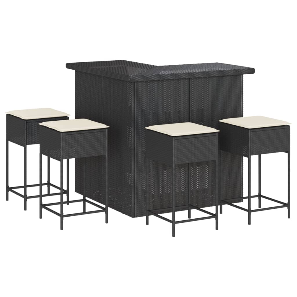 5 részes fekete polyrattan kerti bárszett párnával