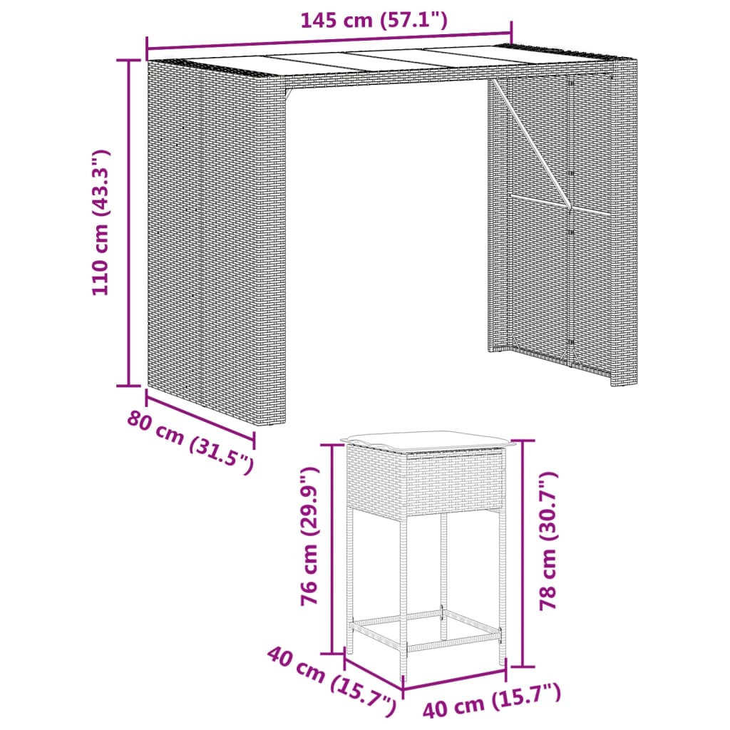 7 részes barna polyrattan kerti bárszett párnákkal