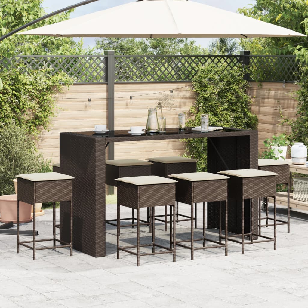 9 részes barna polyrattan kerti bárszett párnákkal