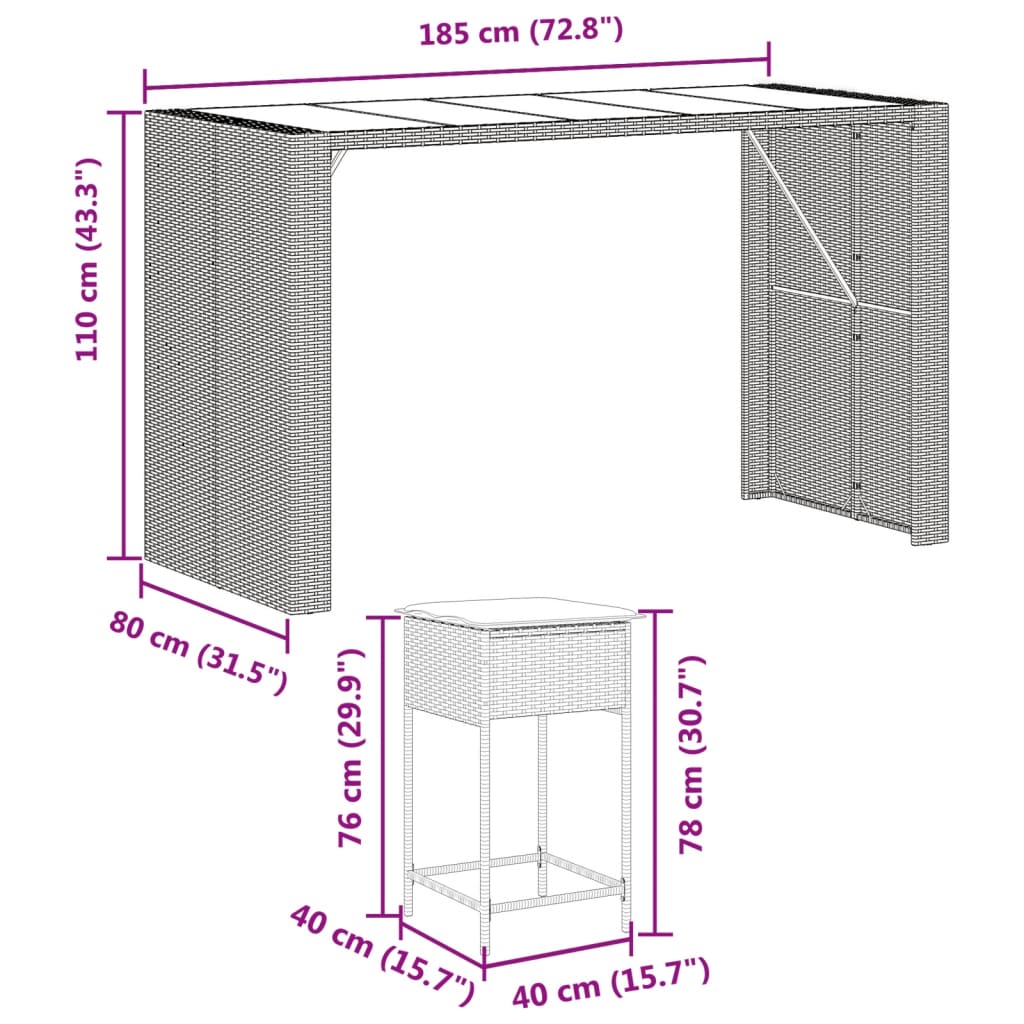 9 részes barna polyrattan kerti bárszett párnákkal