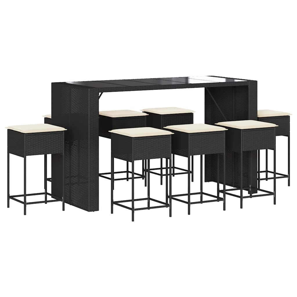 9 részes fekete polyrattan kerti bárszett párnával